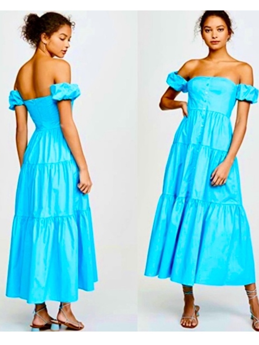 Staud Elio Off-The-Shoulder Tiered Poplin Midi Dress in Bright Blue, size 16 - Picture 3 of 7